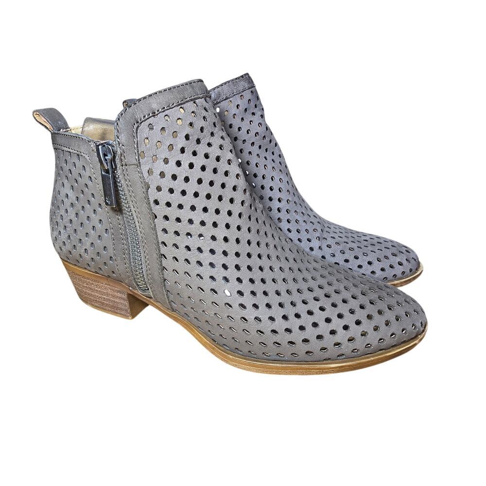 Lucky Brand Healed Leather Perforated Double Zip Bootie Gray Brown Womens 7.5